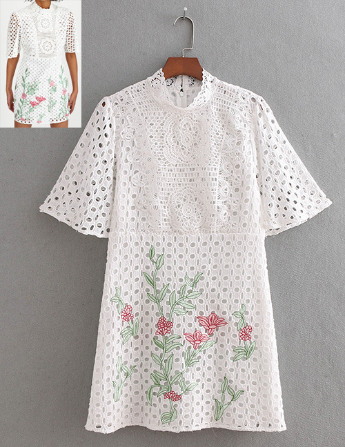 Fashion White Flowers Decorated Hollow Out Dress