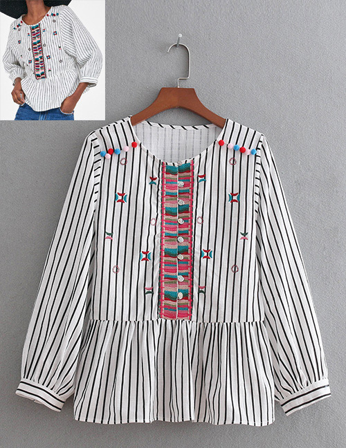 Fashion White Stripe Pattern Decorated Round Neckline Blouse