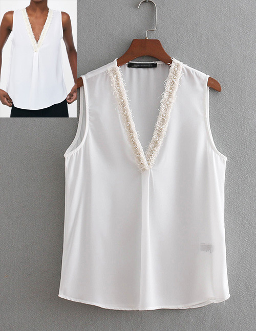 Fashion White V Neckline Design Sleeveless Blouse