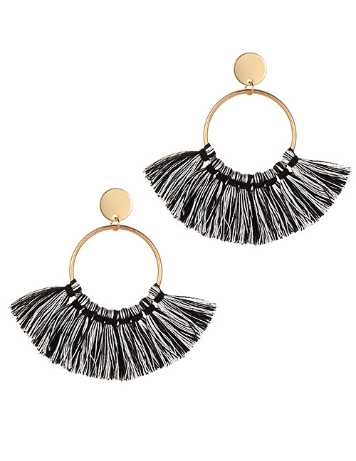 Fashion Black Tassel Decorated Circular Ring Earrings