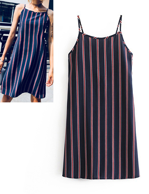 Fashion Navy Stripe Pattern Decorated Suspender Dress