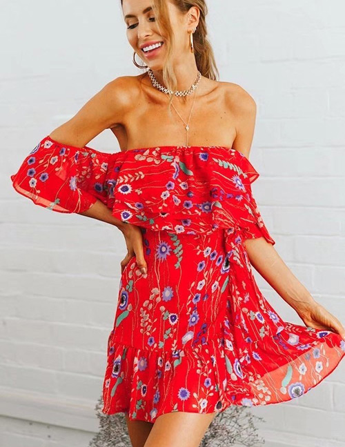 Fashion Red Off-the-shoulder Design Flower Pattern Dress