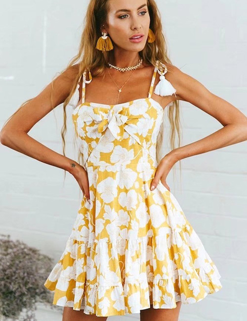 Fashion Yellow Flower Pattern Decorated Suspender Dress