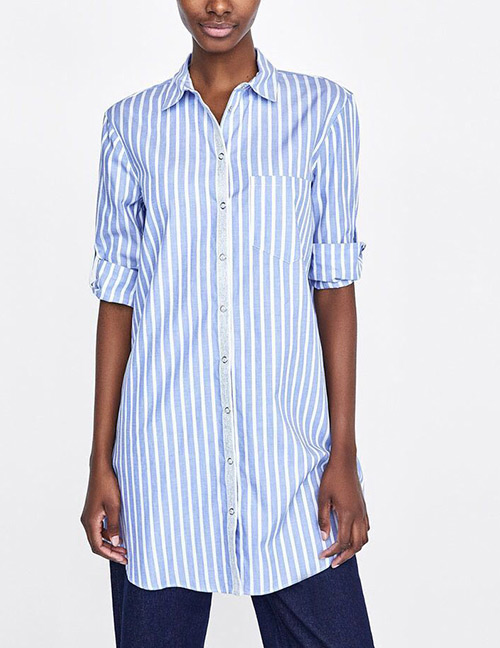 Fashion Blue Stripe Pattern Decorated Shirt