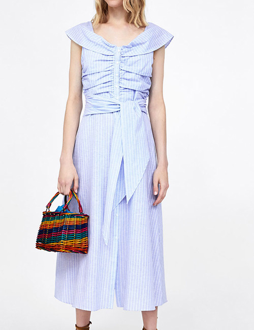 Fashion Blue Round Deckline Design Stripe Pattern Decorated Dress