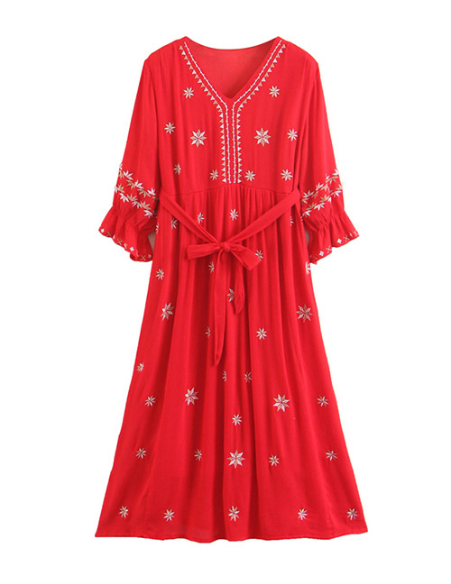 Fashion Red Flower Pattern Decorated V Neckline Dress