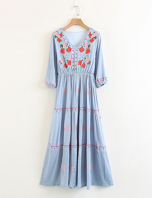 Fashion Blue Flower Pattern Decorated Long Sleeves Dress