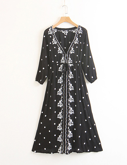 Fashion Black V Neckline Design Flower Pattern Decorated Dress