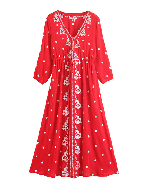 Fashion Red V Neckline Design Flower Pattern Decorated Dress