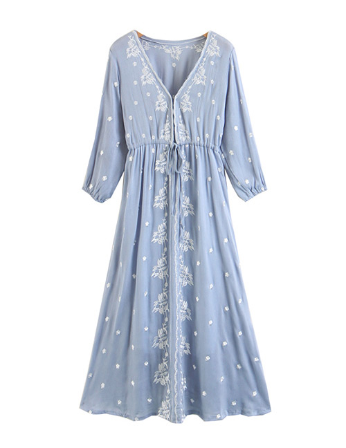 Fashion Blue V Neckline Design Flower Pattern Decorated Dress