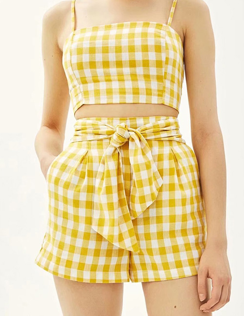 Fashion Yellow Grids Pattern Decorated Pants