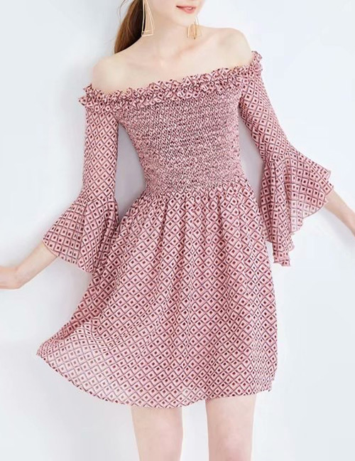 Fashion Pink Strapless Design Flower Pattern Dress