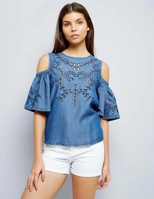 Fashion Blue Pure Color Decorated Shirt