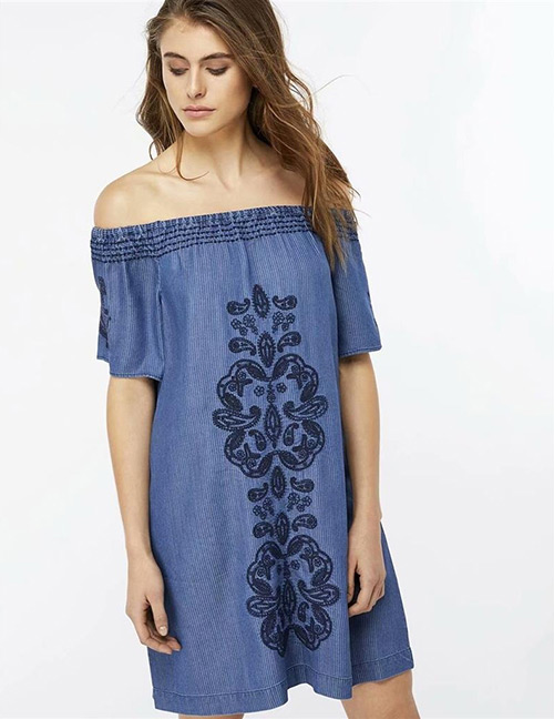 Fashion Blue Pure Color Decorated Off The Shoulder Dress