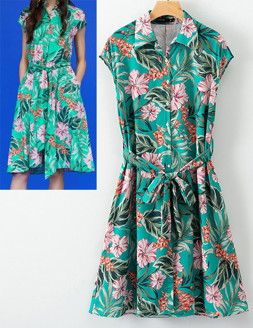 Fashion Green Flower Pattern Decorated Dress