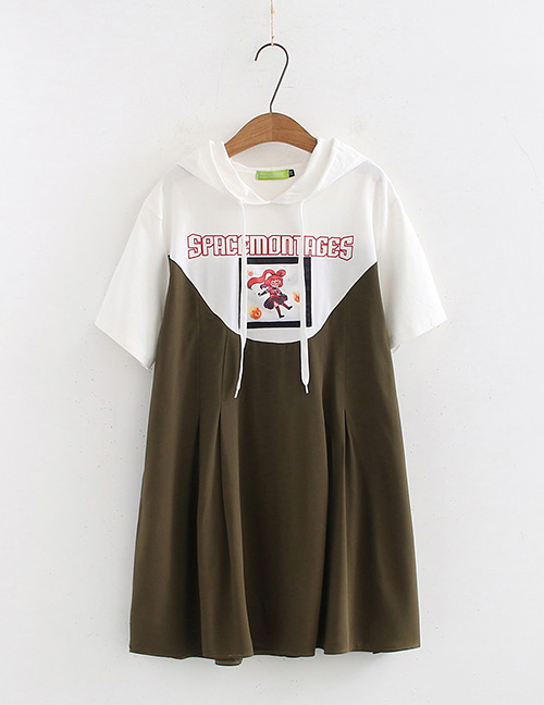 Fashion White+olive Green Letter Pattern Decorated Dress
