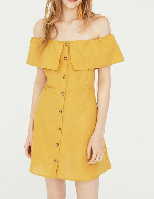 Fashion Yellow Button Decorated Off Shoulder Dress