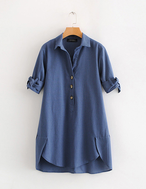Fashion Navy Button Decorated Pure Color Dress