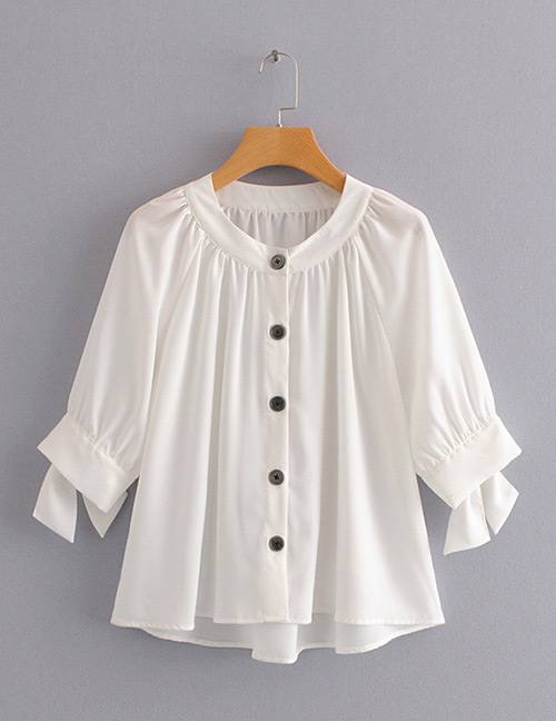 Fashion White Button Decorated Round Neckline Shirt
