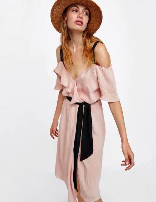 Fashion Pink V Neckline Design Pure Color Dress