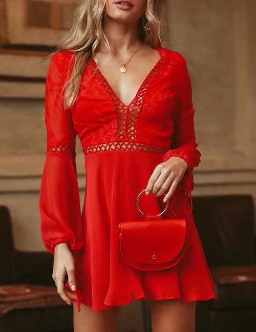 Fashion Red V Neckline Design Long Sleeves Dress