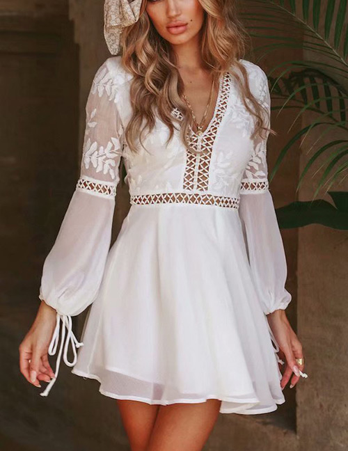 Fashion White V Neckline Design Long Sleeves Dress