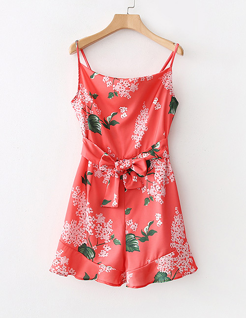 Fashion Red Bowknot Shape Decorated Flower Pattern Jumpsuit