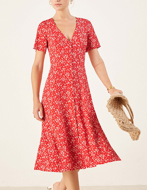 Fashion Red Flower Pattern Decorated V Neckline Dress