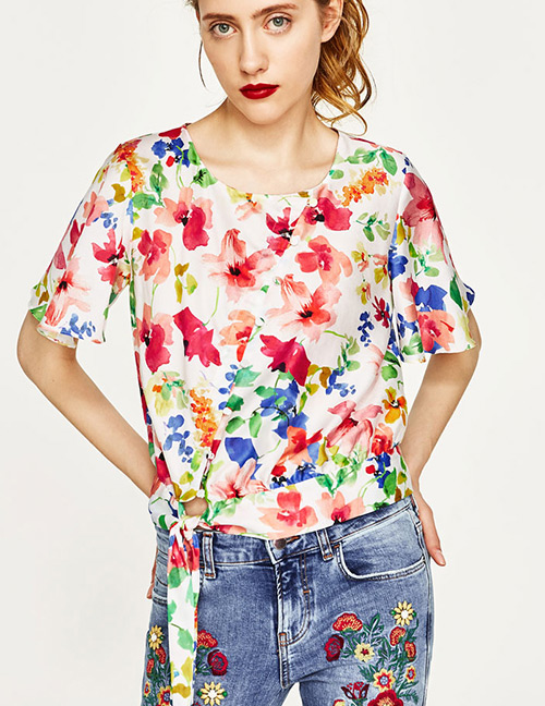 Fashion Multi-color Round Neckline Design Flower Pattern Blouse