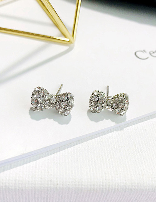Fashion Silver Color Bowknot Shape Decorated Full Diamond Earrings