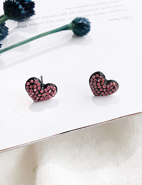 Fashion Pink Full Diamond Decorated Heart Shape Earrings
