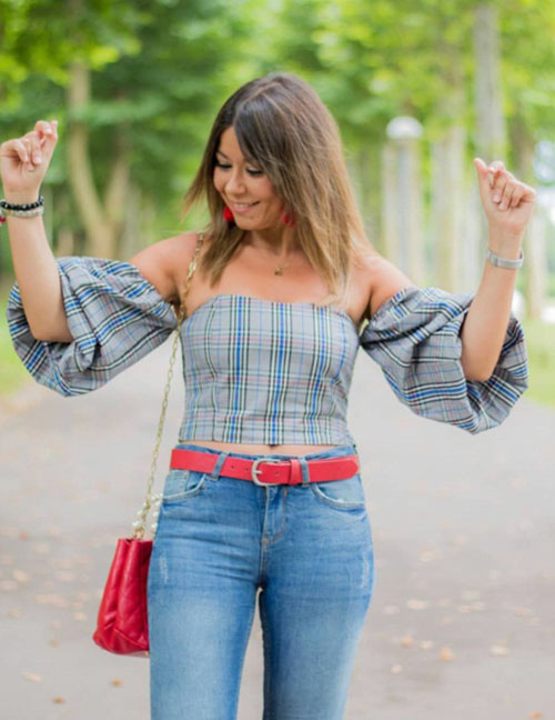 Sexy Gray+blue Stripe Pattern Decorated Off Shoulder Blouse