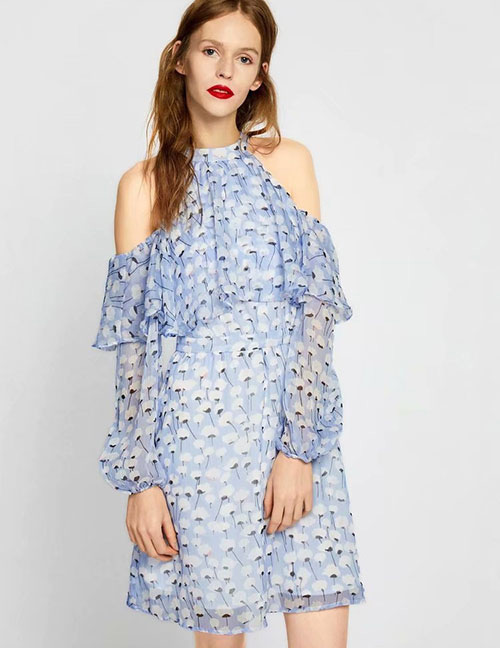 Sexy Light Blue Flowers Decorated Off-the-shoulder Dress