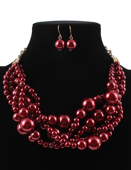 Elegant Claret Red Pearls Decorated Pure Color Jewelry Sets