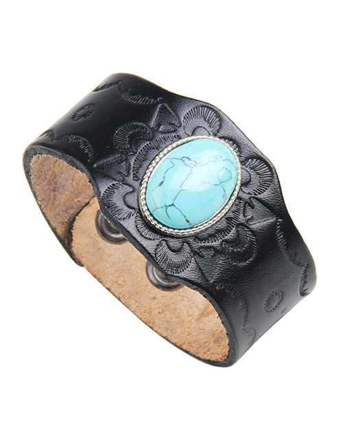 Trendy Black Big Gemstone Decorated Width Bracelet