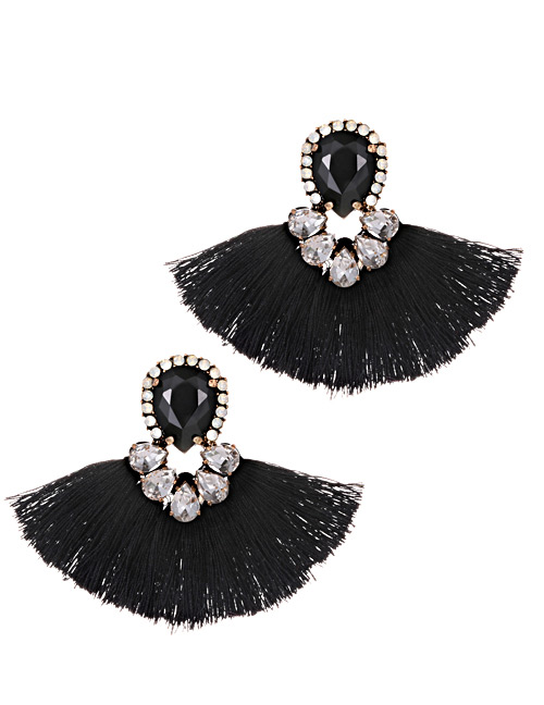 Fashion Black Diamond Decorated Tassel Earrings
