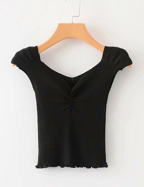 Fashion Black Pure Color Design V Neckline Knitted Shirt