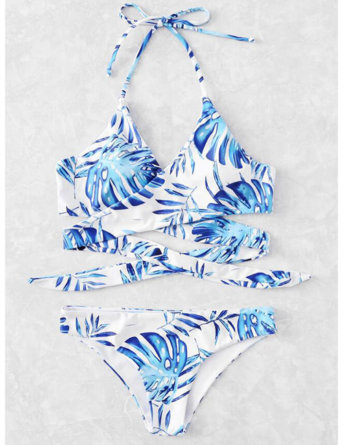 Sexy Blue Leaf Pattern Decorated Off-the-shoulder Bikini