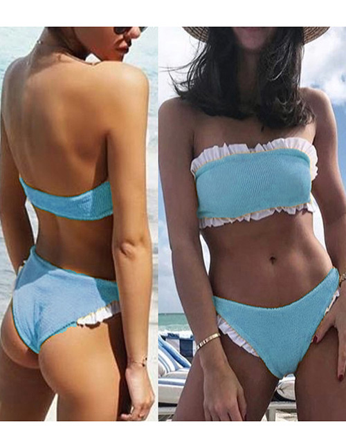 Sexy Blue Strapless Design Split Bikini