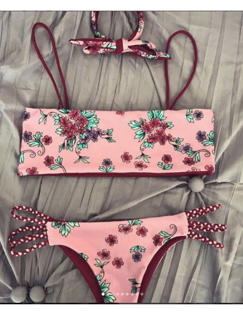 Sexy Pink Flowers Pattern Decorated Bikini