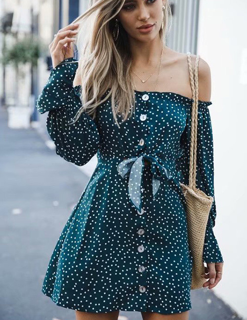 Fashion Green Dots Pattern Decorated Strapless Dress