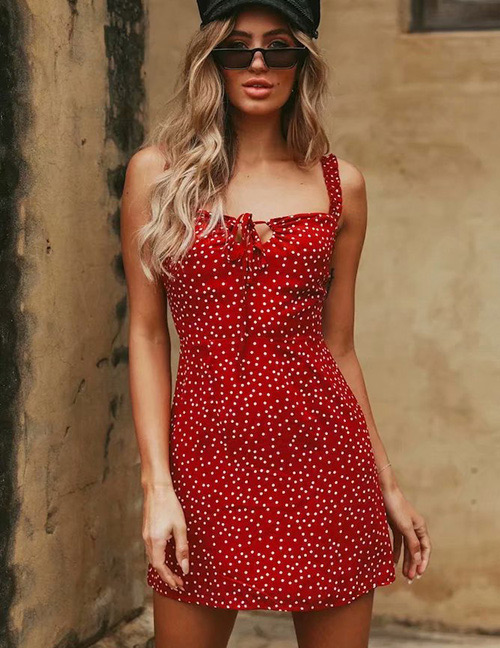 Fashion Red Dots Pattern Decorated Suspender Dress