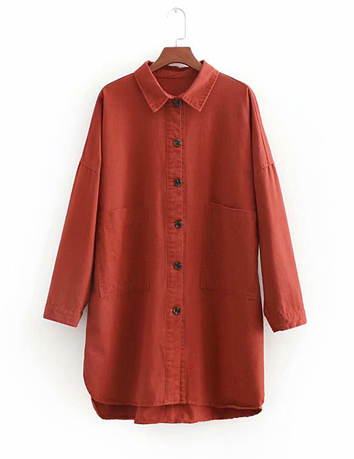 Fashion Red Pure Color Decorated Long Sleeves Shirt