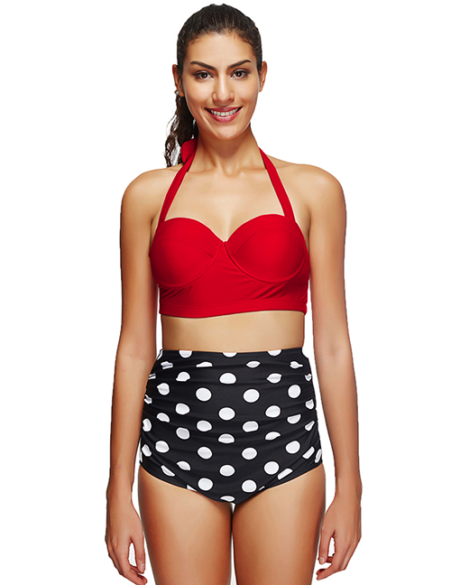 Sexy Black+red Off-the-shoulder Design Dots Pattern Swimwear(2pcs)