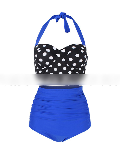 Sexy Black+blue Off-the-shoulder Design Dots Pattern Swimwear(2pcs)