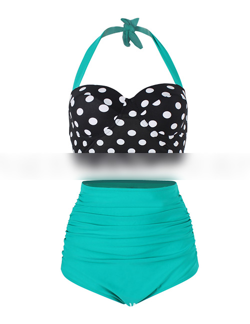 Sexy Black+green Off-the-shoulder Design Dots Pattern Swimwear(2pcs)