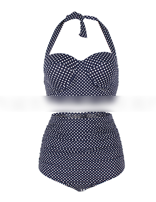 Sexy Navy Off-the-shoulder Design Dots Pattern Swimwear(2pcs)