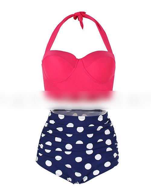 Sexy Plum Red+blue Off-the-shoulder Design Dots Pattern Swimwear(2pcs)