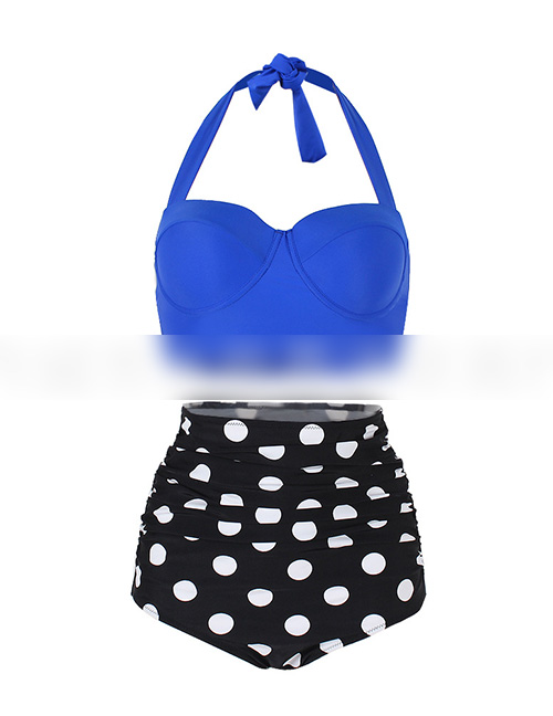 Sexy Blue+black Off-the-shoulder Design Dots Pattern Swimwear(2pcs)