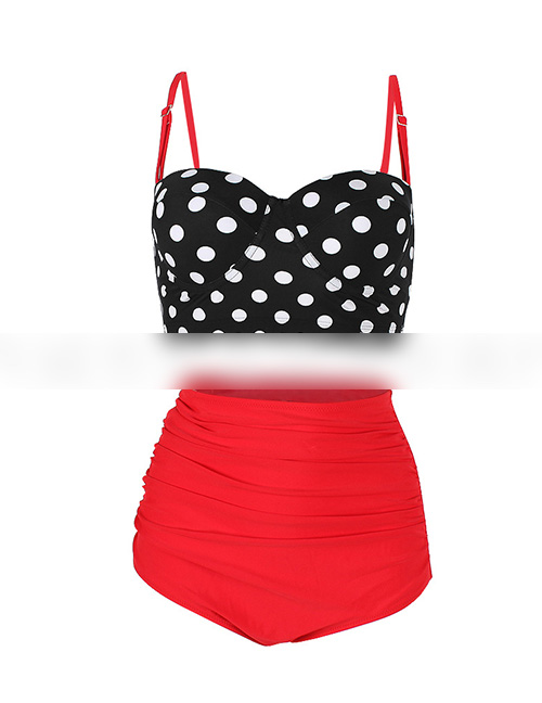 Sexy Black+red Dots Pattern Decorated Suspender Swimwear(2pcs)